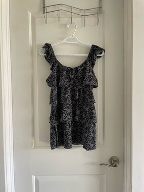 Black and Grey Gothic Floral Print Ruffle Top